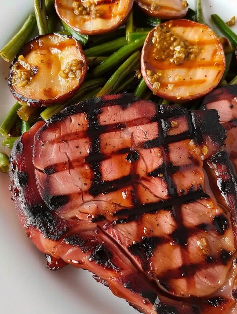 A grilled ham steak with green beans and a sauce.