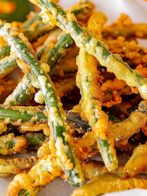 Fried green beans on a plate.
