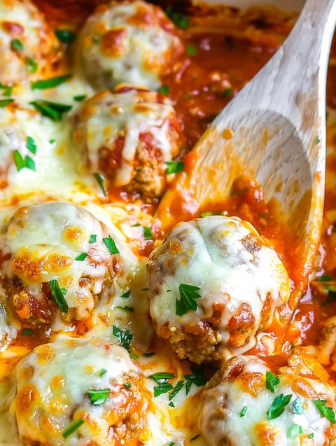 A close up of a meatball parmesan bake.