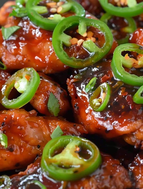 A plate of spicy jalapeño chicken with peppers on top.