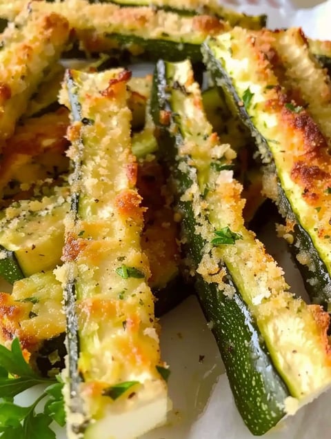 A plate of zucchini fries with cheese and seasoning.