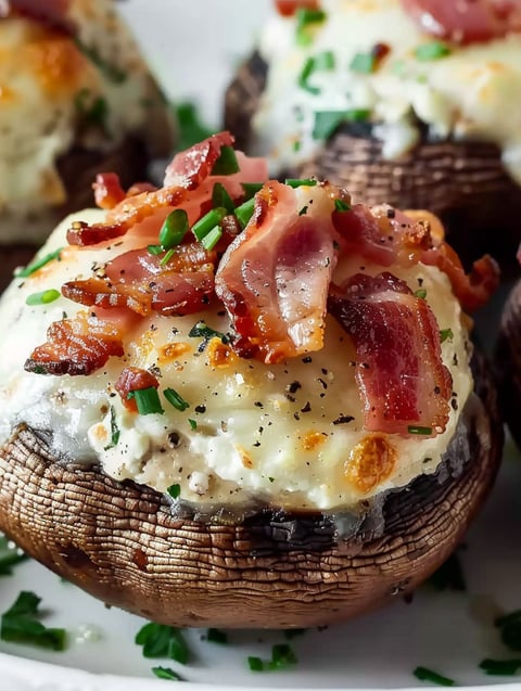 Bacon stuffed mushrooms on a plate.