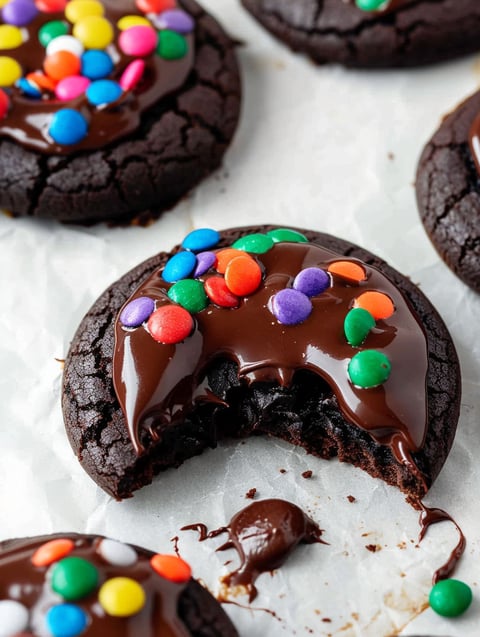 A chocolate cookie with a bite taken out of it.