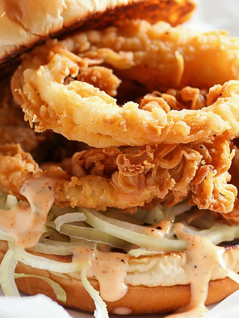 A sandwich with crispy fried onion strings.