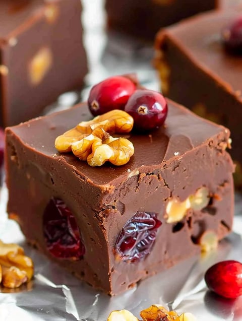 A square of chocolate cake with nuts and berries on top.