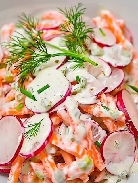 A salad with carrots and radishes.