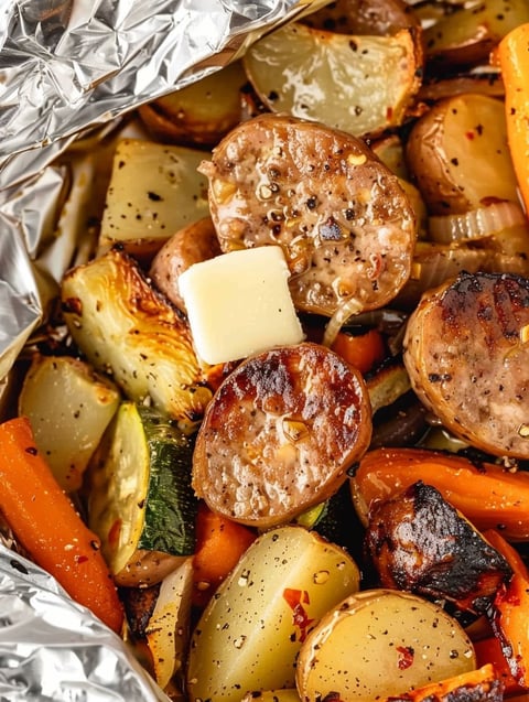 Sausage and vegetables in a foil packet.