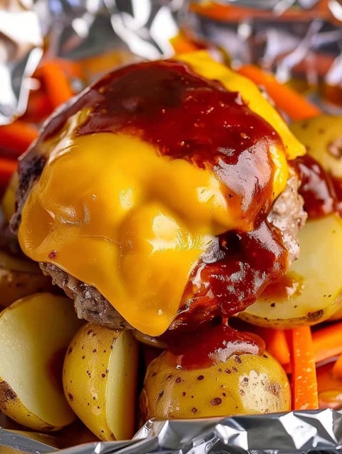 A burger with cheese and ketchup on a foil packet.
