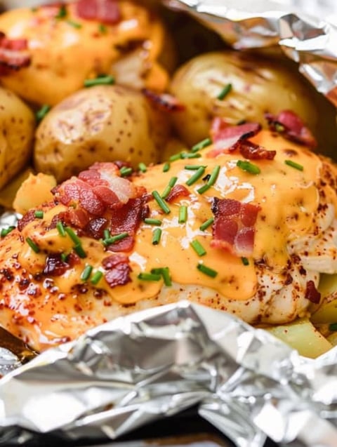 A foil packet of chicken with bacon and cheese.