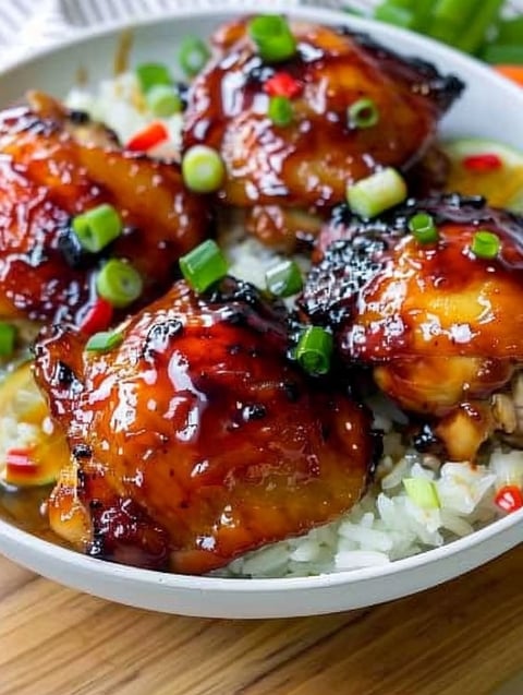 A bowl of chicken thighs with sauce.
