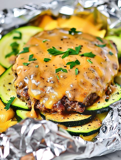 A cheeseburger with a slice of zucchini on top.