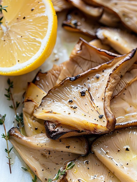 A plate of cooked mushrooms with a lemon and thyme garnish.