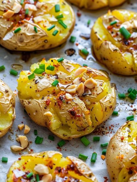 Garlic smashed potatoes on a tray.
