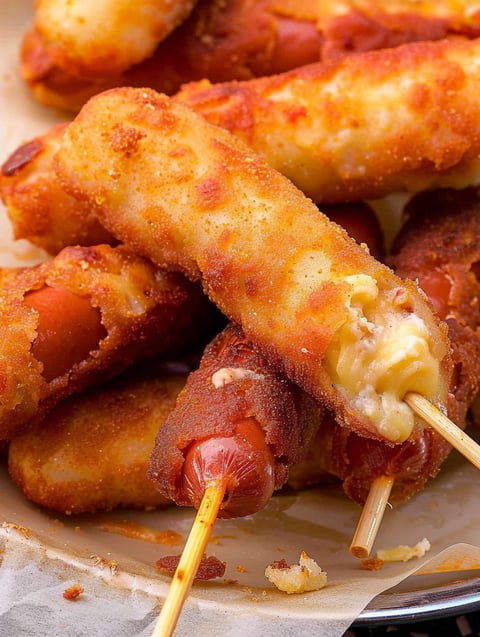 A plate of corn dogs with cheese.