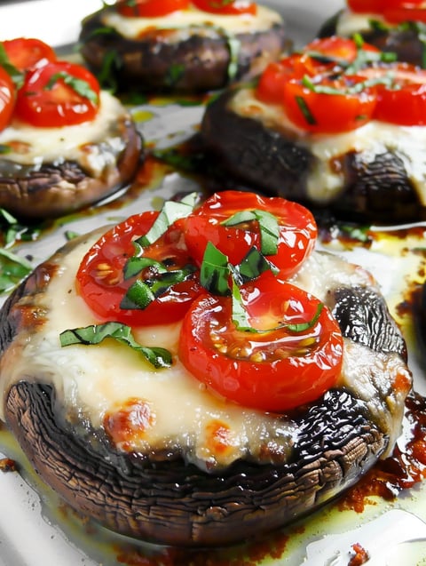 Caprese style portobellos with tomatoes and basil.
