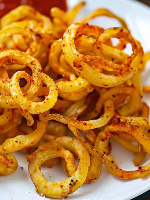 A plate of curly fries cooked in an air fryer.