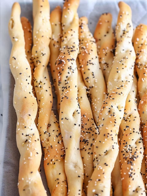 Breadsticks with sesame seeds on a tray.