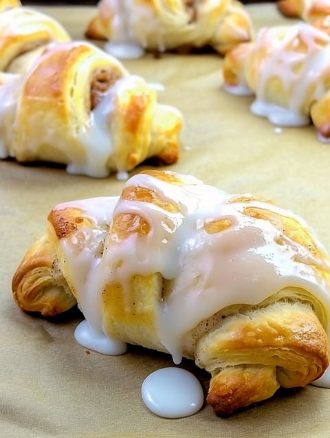 A pastry with white icing and cinnamon.