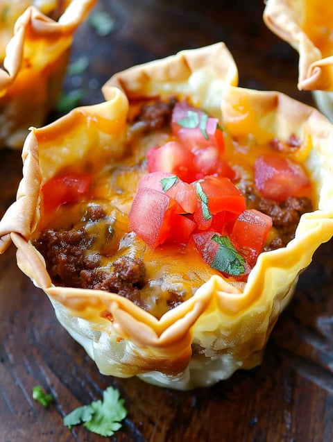 A crunchy taco cup filled with meat and tomatoes.
