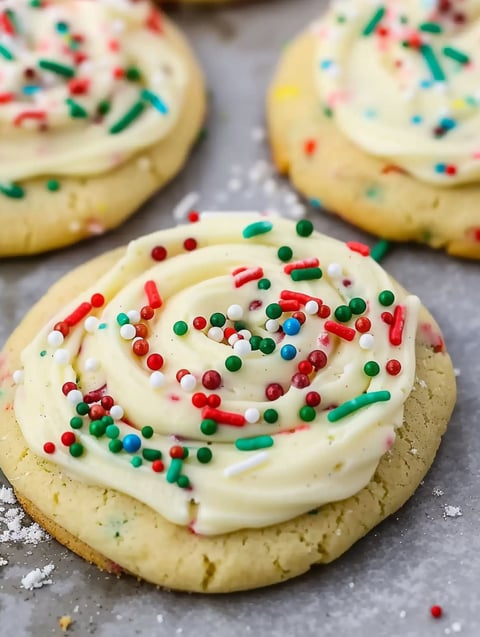A cookie with white frosting and red and green sprinkles.