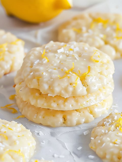 Three stacked cookies with a lemon flavor.