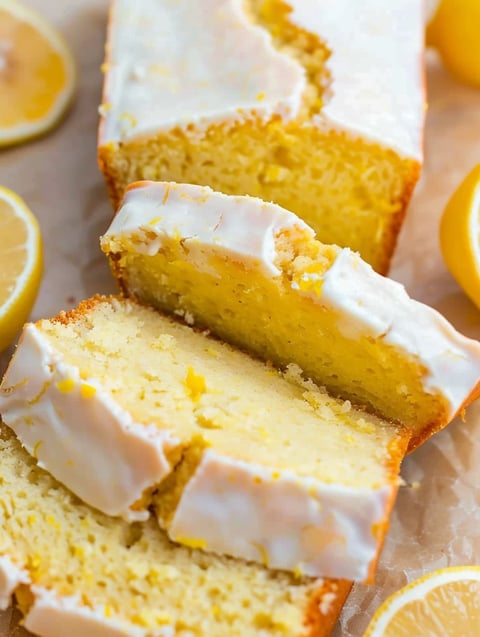 A slice of lemon bread with white icing.
