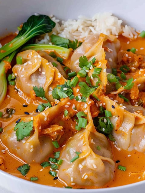 A bowl of dumplings with sauce.