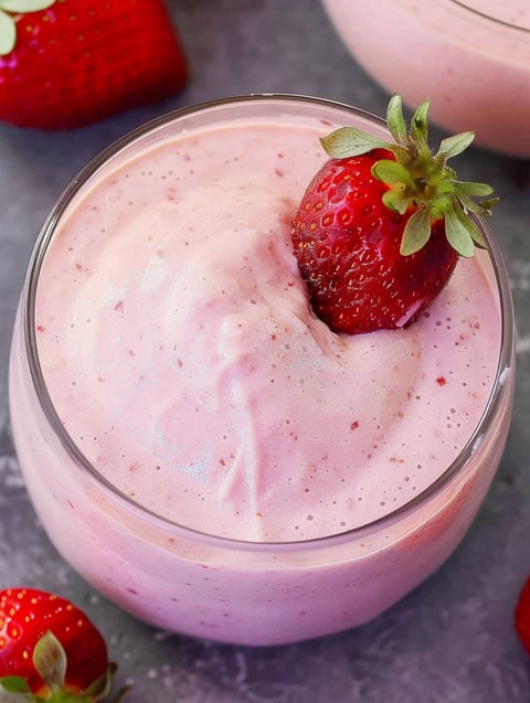 A glass of pink mousse with a strawberry on top.