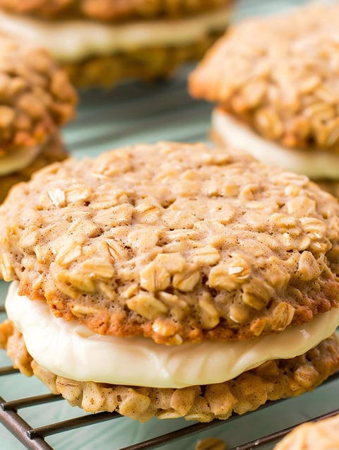 A close up of a banana oatmeal cream pie.