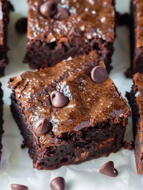 A close up of a chocolate brownie with chocolate chips.