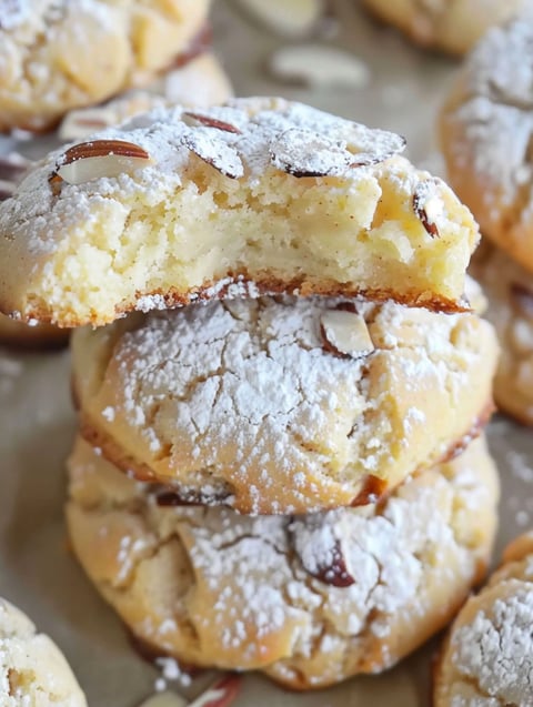 A stack of cookies with almonds on top.