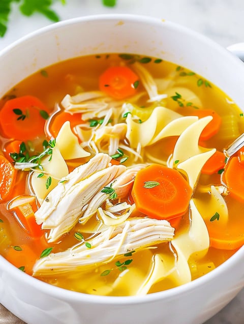 A bowl of soup with chicken, carrots, and noodles.