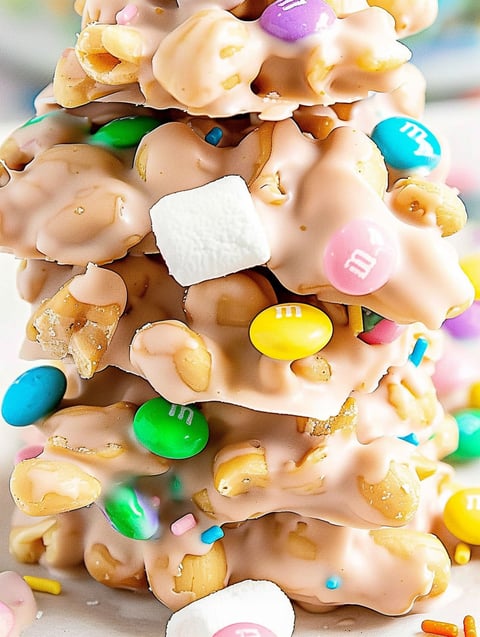 A stack of marshmallows and M&Ms.