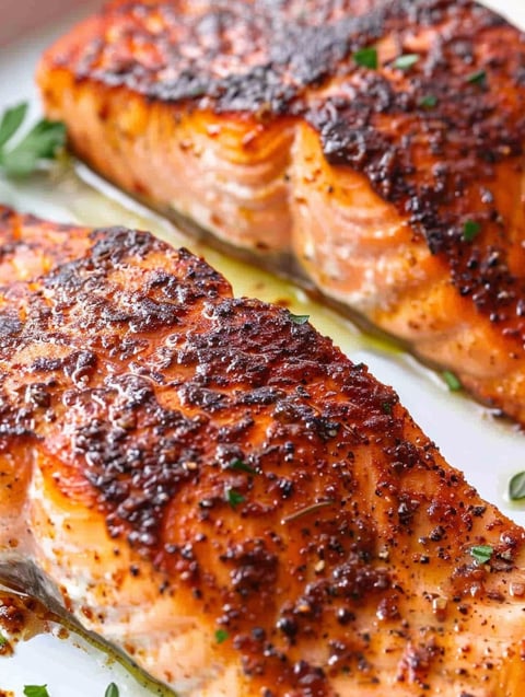 A piece of cooked salmon with a golden brown crust.