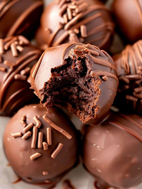 A chocolate ball with a bite taken out of it.