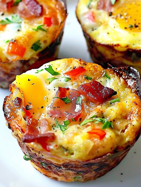 Three muffins with eggs and bacon.