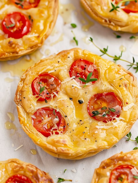 A close up of a tomato upside down puff pastry tart.