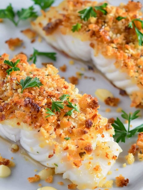 A plate of baked fish with crispy Parmesan topping.