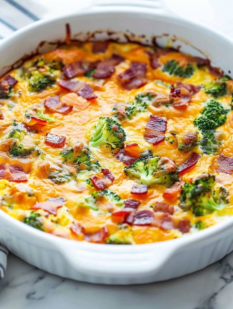 A close up of a keto overnight breakfast casserole.