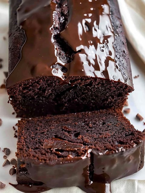 A slice of moist chocolate loaf cake.