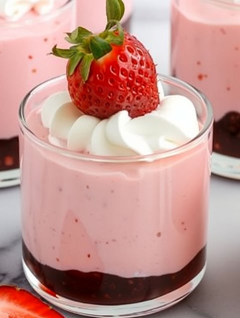 A glass of strawberry mousse with a strawberry on top.