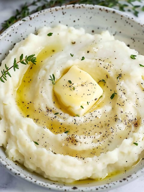 A bowl of mashed cauliflower with roasted garlic butter.