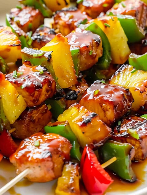 A plate of teriyaki chicken pineapple kabobs.