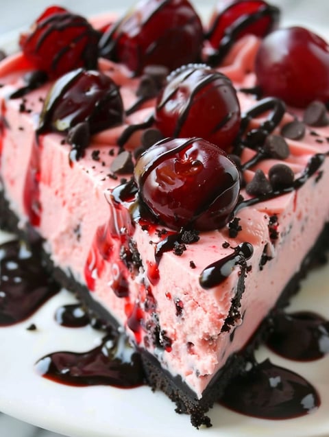 A slice of Oreo Cherry Chocolate Chip No Bake Cheesecake.