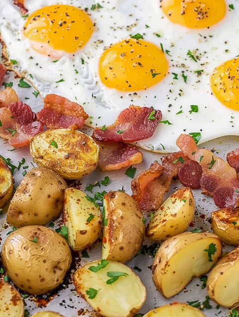 A breakfast plate with eggs, bacon, and potatoes.