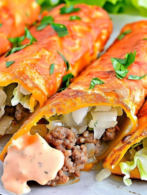 A close up of a keto big mac roll-up.