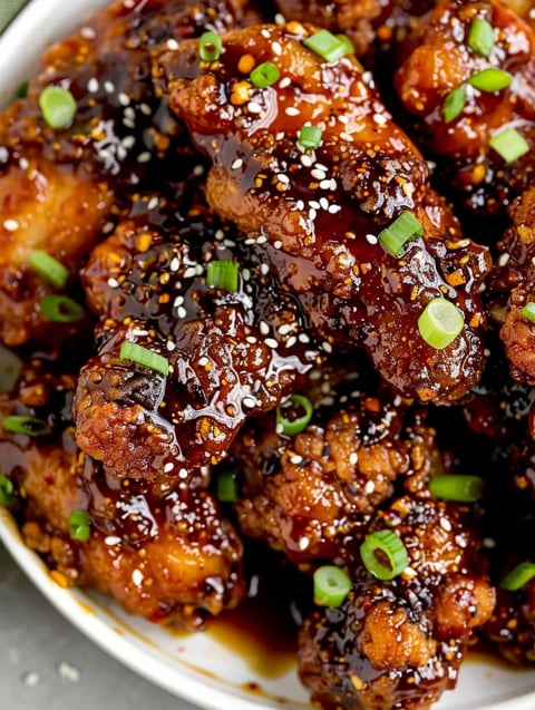 A bowl of chicken with a sauce on top.