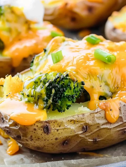 A close up of a potato with broccoli and cheese on top.