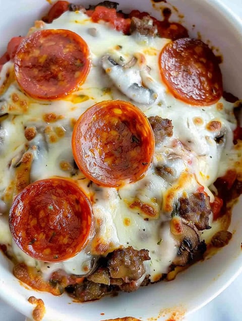 A bowl of pizza with pepperoni and mushrooms.