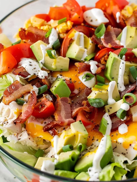 A salad with chicken, bacon, and ranch dressing.